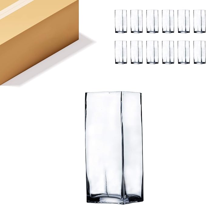 WGV Tall Square Vase Glass Block Bulk, Length 3", Height 8", Clear Bud Floral Container, Candle Holder, Planter Terrarium for Wedding Party Event, Home Office Decor, 12 Pieces