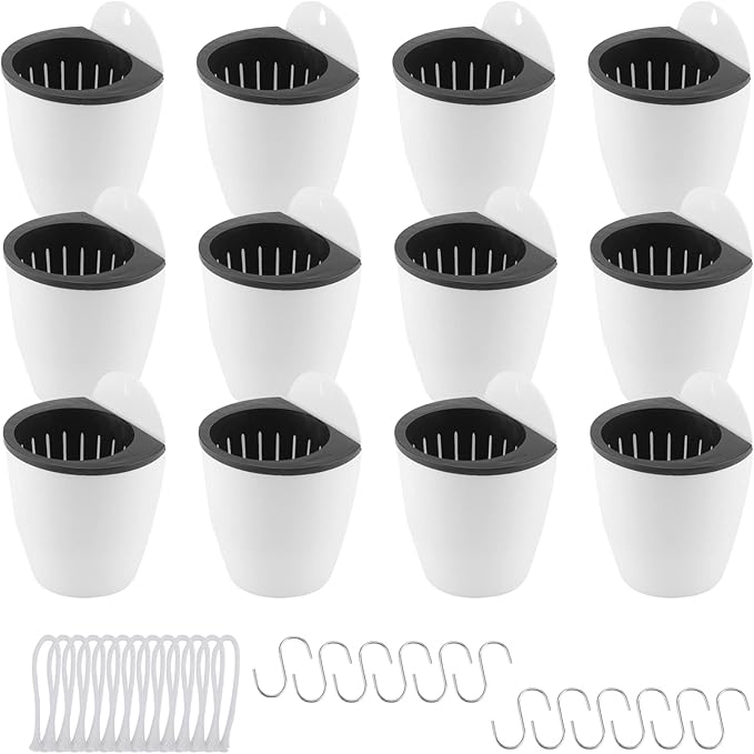 LEXININ 12 Pack 4 Inch Self Watering Hanging Planter, White Plastic Wall Mounted Planter Pots with Cotton Rope and Hook, Vertical Flower Pot for Plant Garden