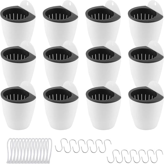 LEXININ 12 Pack 4 Inch Self Watering Hanging Planter, White Plastic Wall Mounted Planter Pots with Cotton Rope and Hook, Vertical Flower Pot for Plant Garden