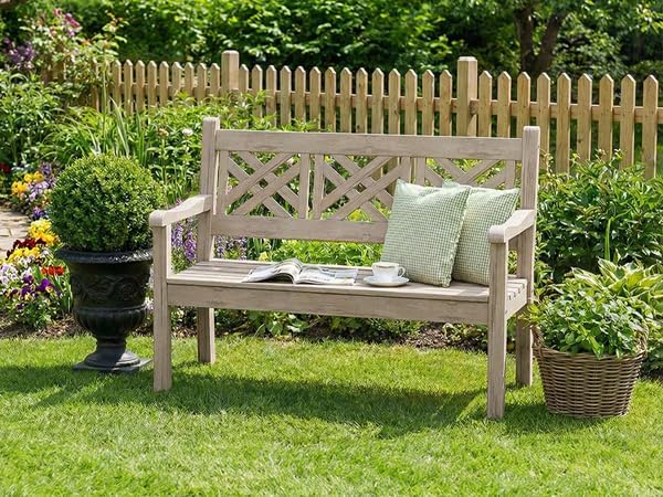 Psilvam 63''W All-Weather Poly Lumber Outdoor Bench – Teak Color, 3-Person Garden Bench with Decorative Backrest & Curved Armrests, Anti-Rot & Fade-Free Patio Bench for Porch, Backyard, and Park(Grey)