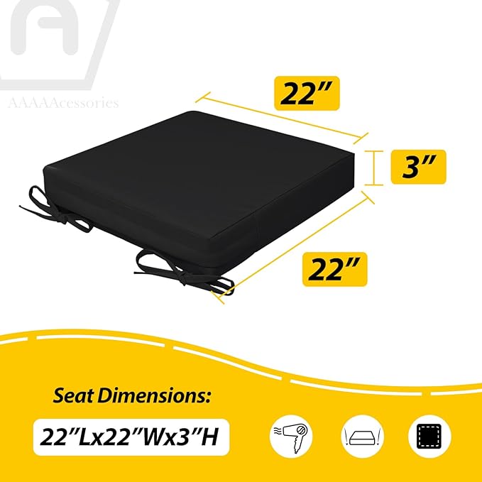 AAAAAcessories Outdoor Seat Cushions for Chairs, Waterproof, Fade-Resistant, 22" x 22" x 3", Patio Furniture Replacement Cushions, Set of 2, Charcoal Black