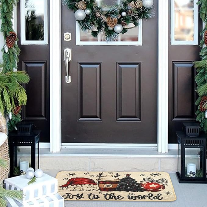 Christmas Welcome Doormat，Winter Outdoor Santa Hat Coffee Xmas Tree Rug Decor Floor Front Door Mat Non-Slip Entrance Mat for Home Kitchen Bathroom Decorations 17 X 29 Inch