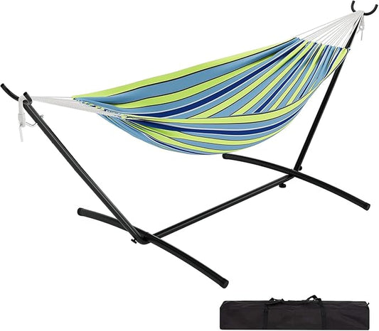 Double Hammock with Space Saving Steel Stand Included-2 Person Camping Hammock with Carry Bag, Outdoor Portable Hammocks, 450lb Capacity Standing Hammocks for Garden Yard(Blue and Green)