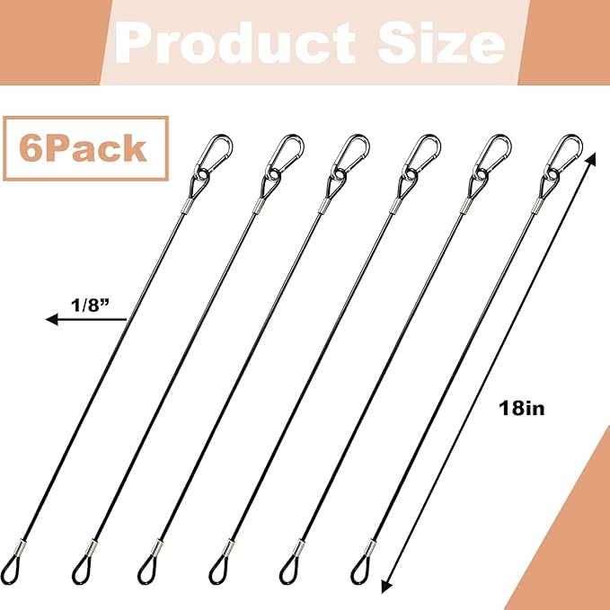 6 Piece Hanging Steel Cable with Loop Hooks 18 Inch Suspension Chain Rope for Bird Feeders Trees Planters Lanterns Outdoor Camping Yard Decor Black