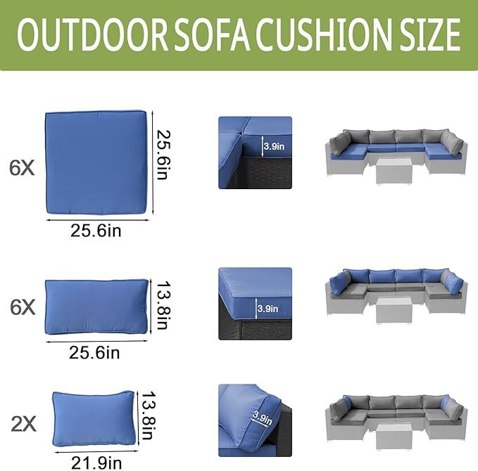 14Piece Outdoor Sofa Cushion Replacement Patio Furniture Waterproof Cushion with Zippers fit 6-Seat Outdoor Wicker Rattan Sectional Couch (Blue, 25.6"x25.6"x3.9")