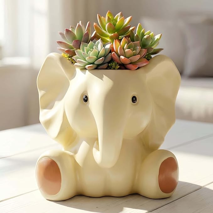 Small Plant Container | Unique Resin Flower Pot Sculpture | Succulent Flower Pot | White Elephant Gifts for Women | Perfect Plant & Elephant Gifts | Indoor & Outdoor Use (White)