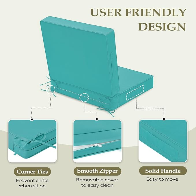 Wellsin Outdoor Cushions for Patio Furniture, Waterproof Outdoor Seat Cushions with Ties and Handle, Outdoor Cushions 24 X 24, Outdoor Deep Seat Cushions with Removable Cover, Teal