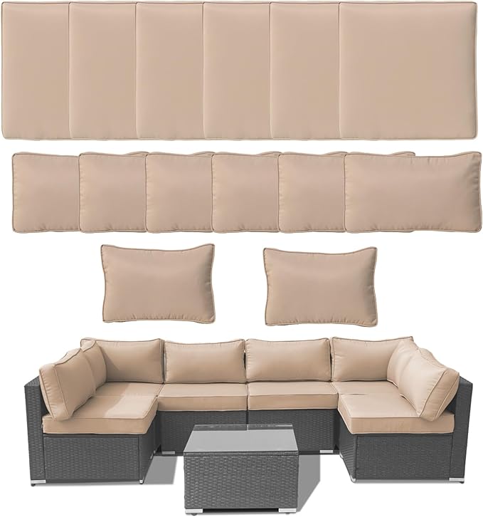 14Piece Outdoor Sofa Cushion Replacement, Patio Furniture Waterproof Cushion with Zippers, fit 6-Seat Outdoor Wicker Rattan Sectional Couch (Beige, 25.6"x25.6"x3.9")