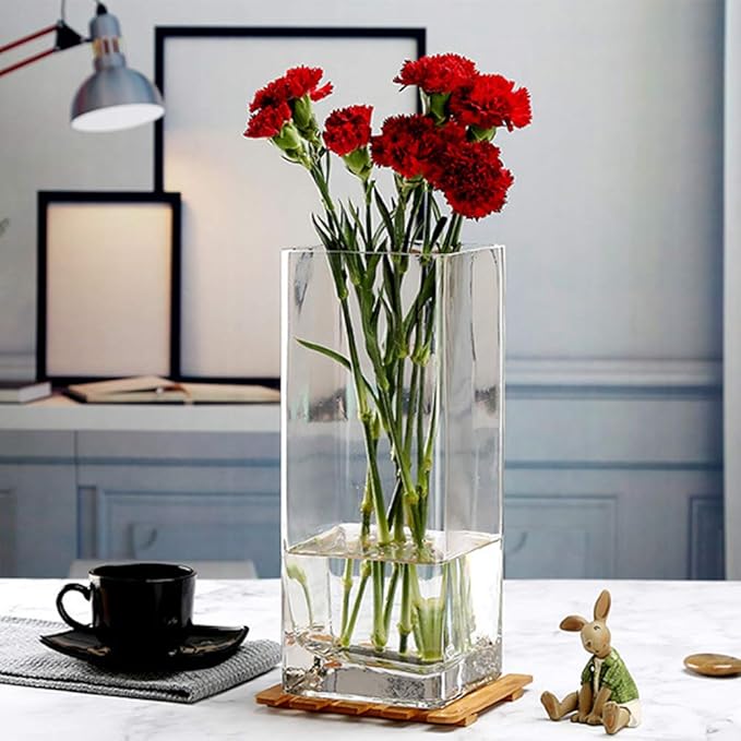 WGV Tall Square Vase Glass Block, Length 5", Height 16", Clear Large Floral Plant Container, Fish Tank, Planter Terrarium for Wedding Party Event, Home Office Decor, 1 Piece