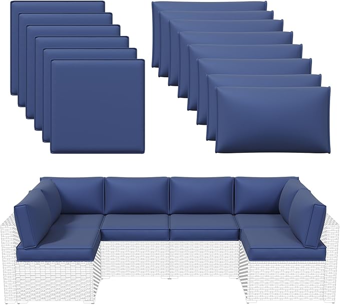 Aoxun Outdoor Replacement Cushions for Patio Furniture, Waterproof Sofa Cushion for 6-Seat Rattan Wicker Sectional Patio Conversation Sets, 14-Piece Cushions Set for L-Shape Couch, Navy