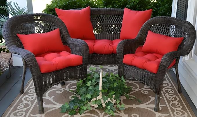 RSH DECOR: 3-Piece Wicker Tufted Cushion Set | 41” x 19" & 19" x 19" | All-Weather Spun Fabric | Water Resistant | Outdoor Loveseat & U-Shape Cushions for Patio Furniture | Heritage Red - Made in USA