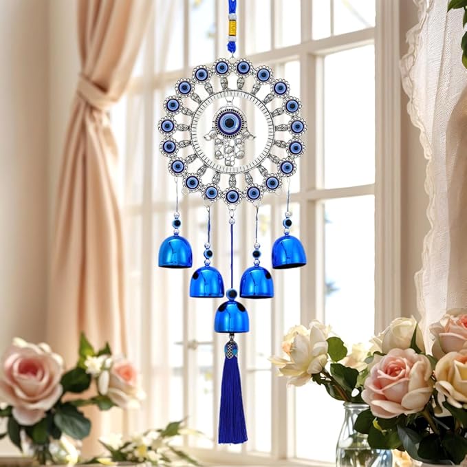 BWINKA Blue Evil Eye Hanging Decoration Ornament Metal Wind Chimes for Home Garden Gift Decoration (Eye-R-Y6)