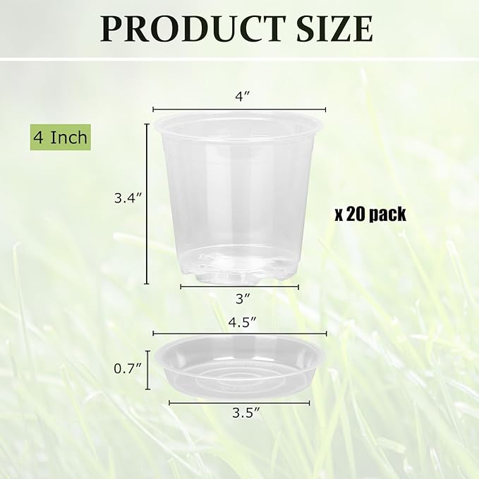 20 Pack 4 Inch Clear Nursery Pots with Drainage and Saucer, Clear Plastic Planter Pots for Plants, Flexible Seed Starting Pots for Succulents, Small Herbs, Annual Flowers (4 Inch)
