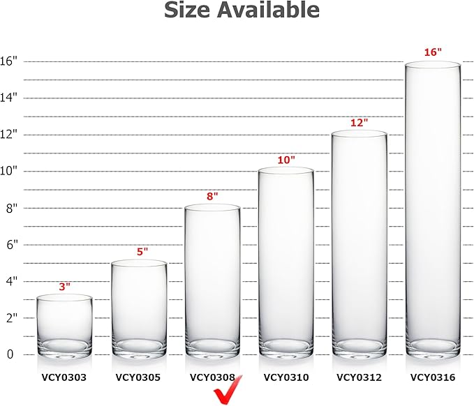 WGVI Quality Thick Clear Cylinder Glass Vases, 3" W x 8" H, Bud Vase Skinny Narrow Floral Bouquet Flower Container for Wedding Centerpieces Tabletop Décor Brush Pen Holder, Bulk Wholesale, 6 Pieces
