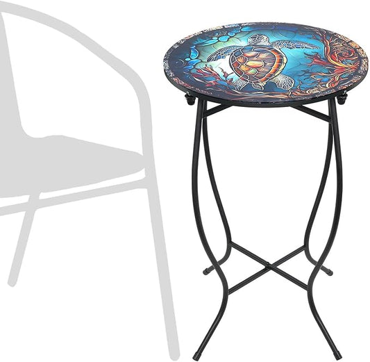 Outdoor Side Tables for Patio, 21" High Round End Table, Weather Resistant Metal Patio Accent Table Indoor and Outdoor End Table for Yard, Garden, Living Room, Bistro, Halloween (Turtle)