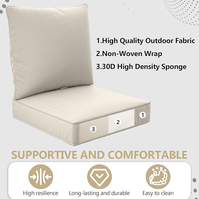 24" x 24" x 6" Outdoor Deep Seat Cushions Set - 2 Set Waterproof & Fade Resistant Patio Furniture Replacement Cushions, Non-Slip Outdoor Deep Cushions Fit Loveseats, Couches, Chairs, Sofas.