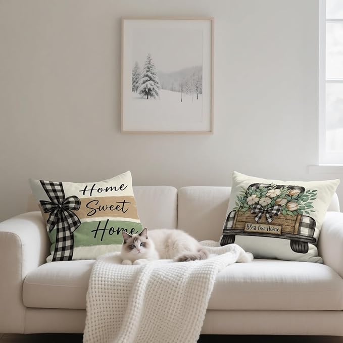 Farmhouse Pillow Covers 18x18 inch Set of 4, Plaid Bow Home Throw Pillow Covers Farmhouse Cushion Case Decor for Sofa Couch