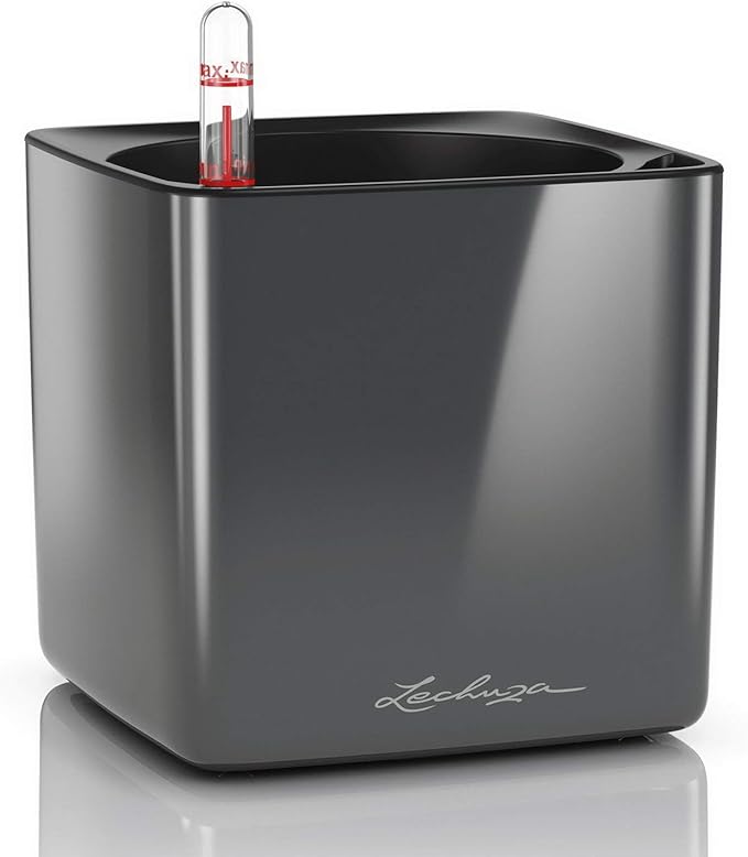 Lechuza Cube Glossy 14 Charcoal High Gloss, Self-Watering Indoor Small Plant Pot, H5.5 L5.5 W5.5 in