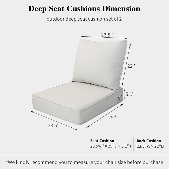 23.5"x25" Outdoor Deep Seat Patio Cushions Set of 2, Deep Seat Bottom Resilient Foam Filling Water-Resistant Stain-Resistant UV Resistant Weather Resistant with YKK Zippers,Almond