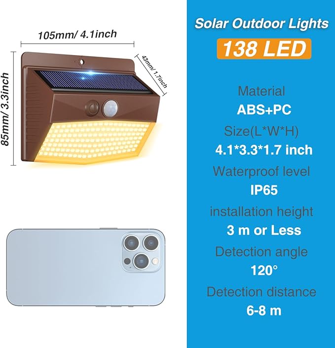 Peasur Solar Outdoor Lights, [8 Packs] Motion Sensor Security Lights with 3 Lighting Modes Wall Lights Waterproof Solar Powered Lights for Garden Yard,Brown White