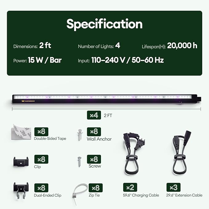 Plant Grow Light 2ft, Tunable Full Spectrum LED Grow Light Strips 60W (4 x 15W), T5 Growing Lamp for Indoor Plants, Greenhouse, High PPFD, 4-Pack