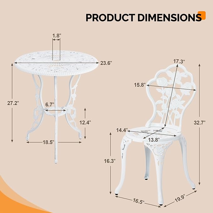 Outvita Patio Table and Chairs Set, Cast Aluminum Outdoor Cafe Table and Chairs Set of 3, Stability Patio Bistro Sets with Umbrella Hole for Garden, Patio, Balcony, Rose Pattern White