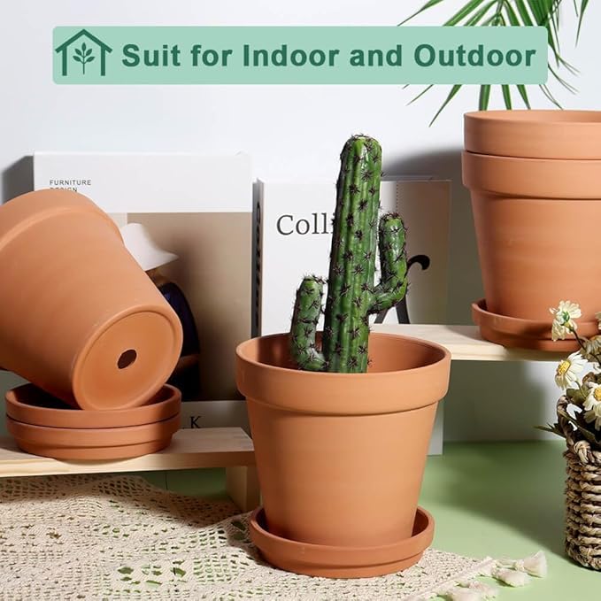 vensovo 6 Inch Terracotta & Clay Pots for Plant with Saucer - 4 Pack Medium Terra Cotta Planter with Drainage Hole, Flowerpot for Indoor Outdoor Plants, Crafts, Wedding Favor