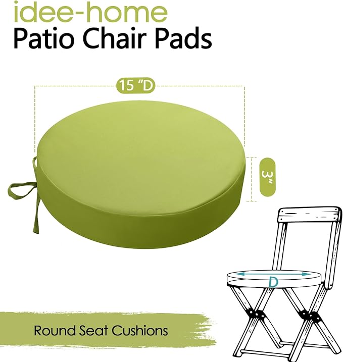 idee-home Outdoor Bistro Chair Cushions, 15”x15”x 3” Thick Outdoor Round Seat Cushions Set of 4 with Ties, Waterproof Round Patio Furniture for Garden