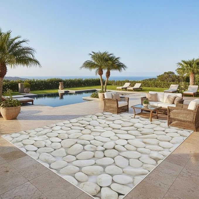 Cream White Cobble Stones Outdoor Rug for Patio Deck Balcony Backyard Porch Garden Pool Camping Non Slip Waterproof Thin Carpet Comfort Easy Clean Washable Reversible Art Deco Low Pile Mats 2x6