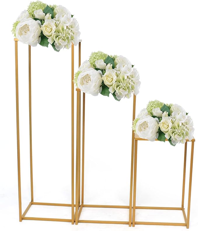 Set of 3 Metal Plant Stand Golden Nesting Display End Table Tall Pedestal Stand Indoor Outdoor Flower Pot Holder Stand Plant Square Display Rack Set for Wedding Garden Patio Terrace