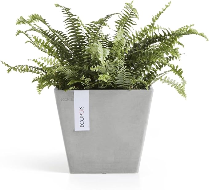 Ecopots Rotterdam Durable Modern Square Indoor/Outdoor Recycled-Based Composite Flower Planter, White Grey, 8"