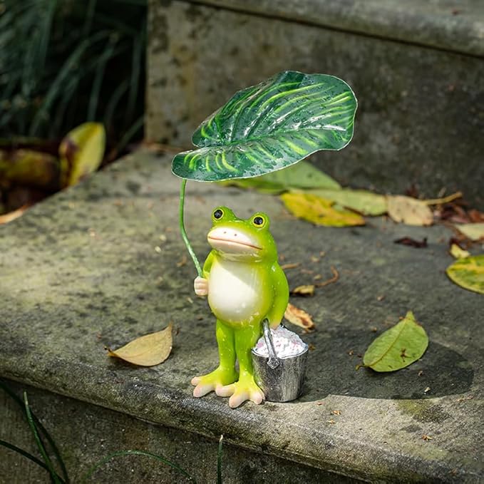 Adorable Animal Garden Statue with Umbrella - Charming Outdoor Decor for Yard, Patio, or Garden (Frog Carrying a Bucket)