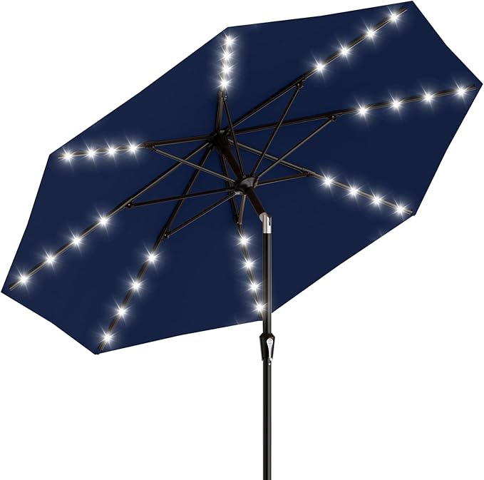 AreShark 9FT Patio Umbrella with Solar Lights, 32 LED Lighted Pool Umbrella w/Tilt and Crank, Outdoor Market Solar Umbrellas for Garden, Deck, Backyard, Pool and Beach, Navy