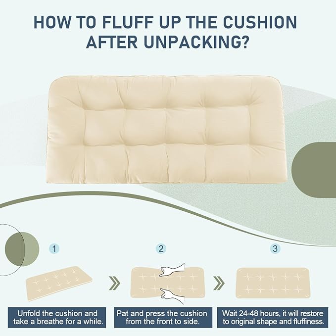 downluxe Outdoor Bench Cushion for Patio Furniture, Waterproof Tufted Overstuffed Porch Swing Cushions, Thick Outdoor Loveseat Cushions, 48" X 18" X 5", Beige, Set of 1
