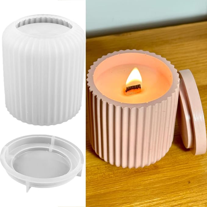 Storage Box With Lids, Silicone Candle Jar Molds Set, Creative Vessels Pot Molds, Concrete Round Stripe With Cover Bottle Making Moulds for Holder (B)