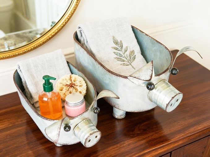 Galvanized Metal Pig Bowl Farmhouse Pig Storage Holder for Bathroom Kitchen Living Room Set of 2,Big and Small