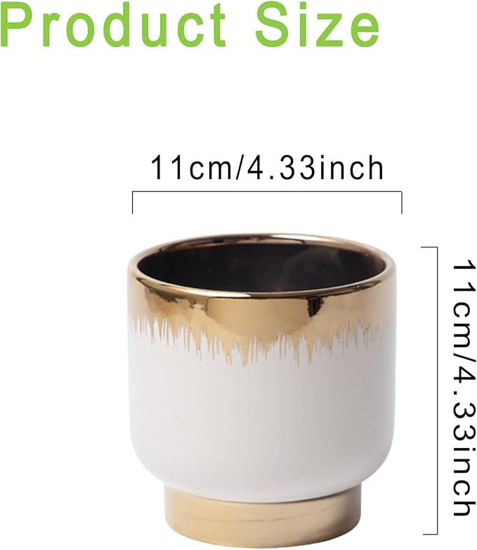 White Ceramic Planters, Gold Flower Pots for Indoor Plants with Drainage Holes, Modern Round Planter with Drainage Holes - Plant Not Included 4.33 X4.33 Inch