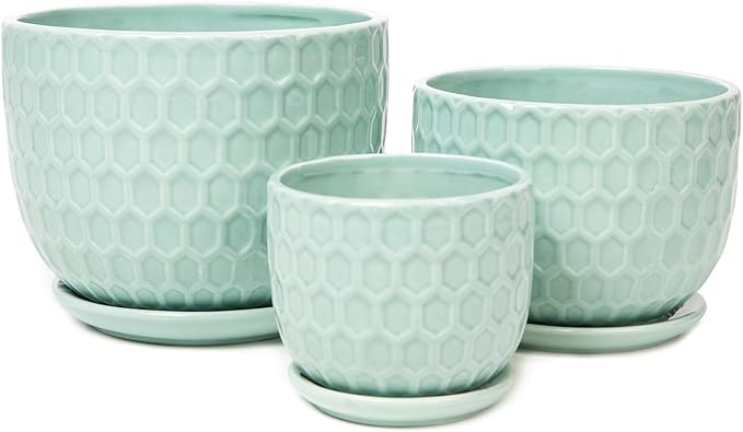 Ceramic Flower Pots with Drainage Hole and Saucer, Modern Round Succulent Planters with Honeycomb Inspired Texture Design, Small to Medium Sized, Set of 3, Green