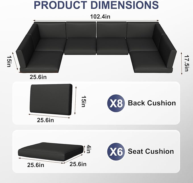 Aoxun Outdoor Replacement Cushions for Patio Furniture, Waterproof Sofa Cushion for 6-Seat Rattan Wicker Sectional Patio Conversation Sets, 14-Piece Cushions Set for L-Shape Couch, Black