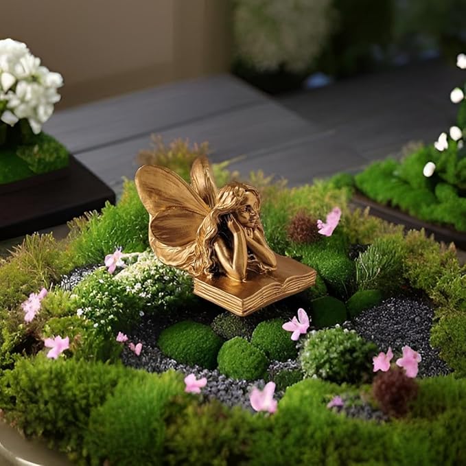 Fairy Figurines - Golden Fairy Reading Statue for Garden, Home Decor, Small Outdoor Angel Figurines, Unique Gift Idea