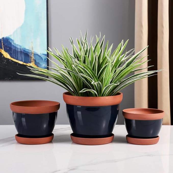 Yishang Glazed Terracotta Pots with Saucers, Set of 3, 5", 6", and 7" Sizes, Ceramic Clay Planter Pots with Drainage Holes - Black