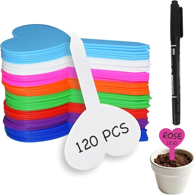 120PCS Plant Labels for Seedlings Garden Markers Plastic Plant Labels for Outdoor Garden Waterproof Heart Shaped Tags for Plants with Permanet Marking Pen Gardening Supplies