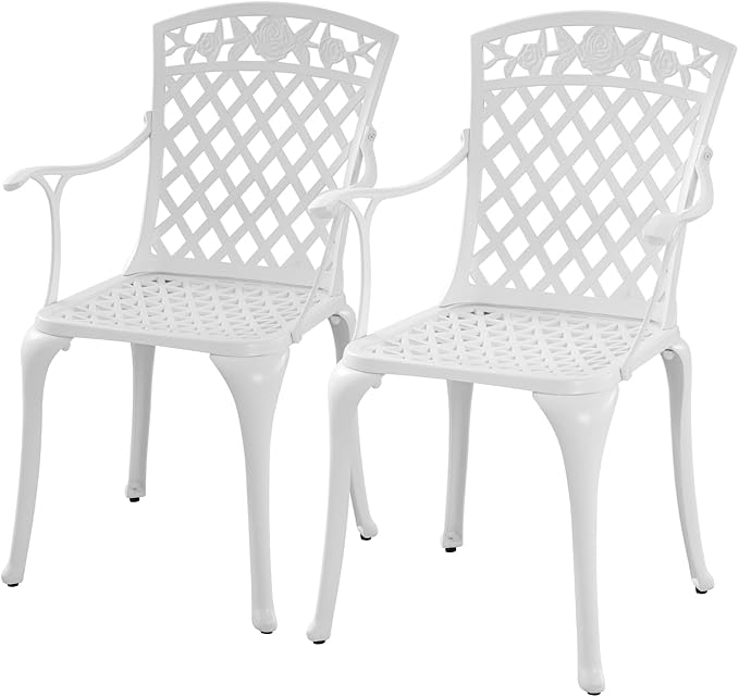 Sturdy Patio Chairs Cast Aluminum Outdoor Dining Chairs with Armrest, Outdoor Bistro Seating Chair for Garden, Backyard - 2 Pack, White