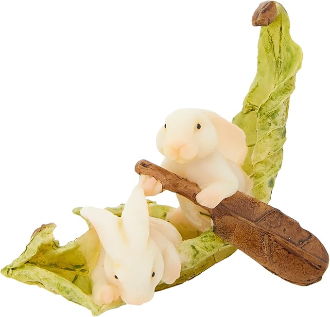 Top Collection Miniature Fairy Garden and Terrarium Statue, Rabbits Rowing Leaf Boat