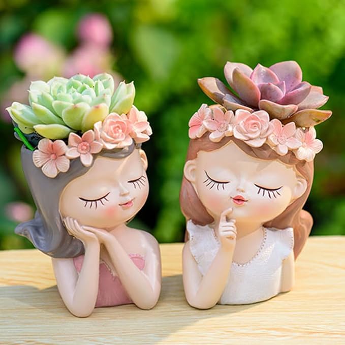 Small Cute Girl face Succulent pots with Drainage Hole Fairy Garden pots Gifts idea for Plants Lovers Decorative Flower Pot Head Planter for Indoor Plants Tiny Cactus Container
