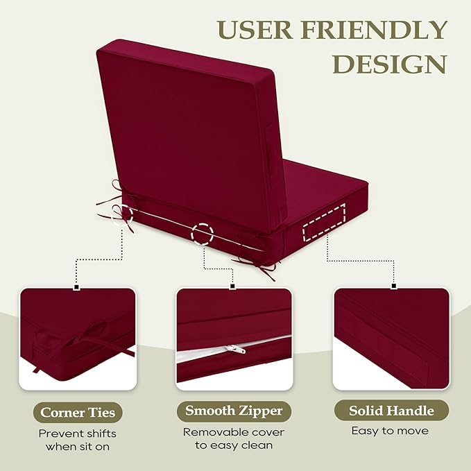 Wellsin Outdoor Cushions for Patio Furniture, Waterproof Outdoor Seat Cushions with Ties and Handle, Outdoor Cushions 24 X 24, Outdoor Deep Seat Cushions with Removable Cover, Burgundy