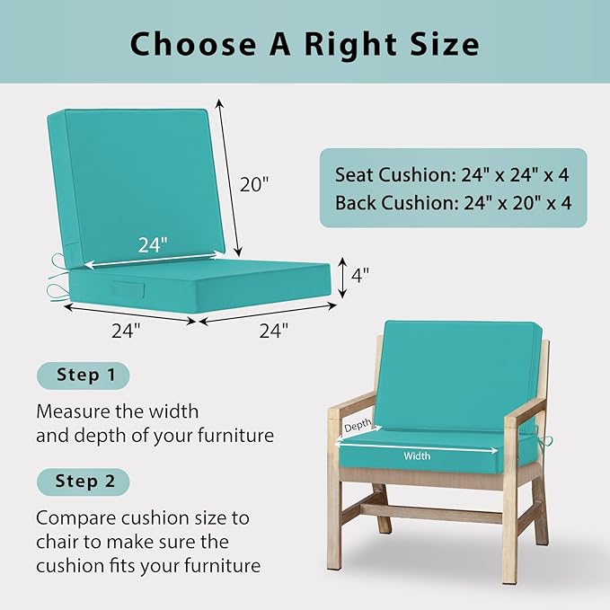 Waterproof Outdoor Chair Cushions 24x24, Memory Foam Outdoor Cushions for Patio Furniture with Removable Cover, Deep Seat Cushions for Outdoor Furniture with Ties and Handle, Teal