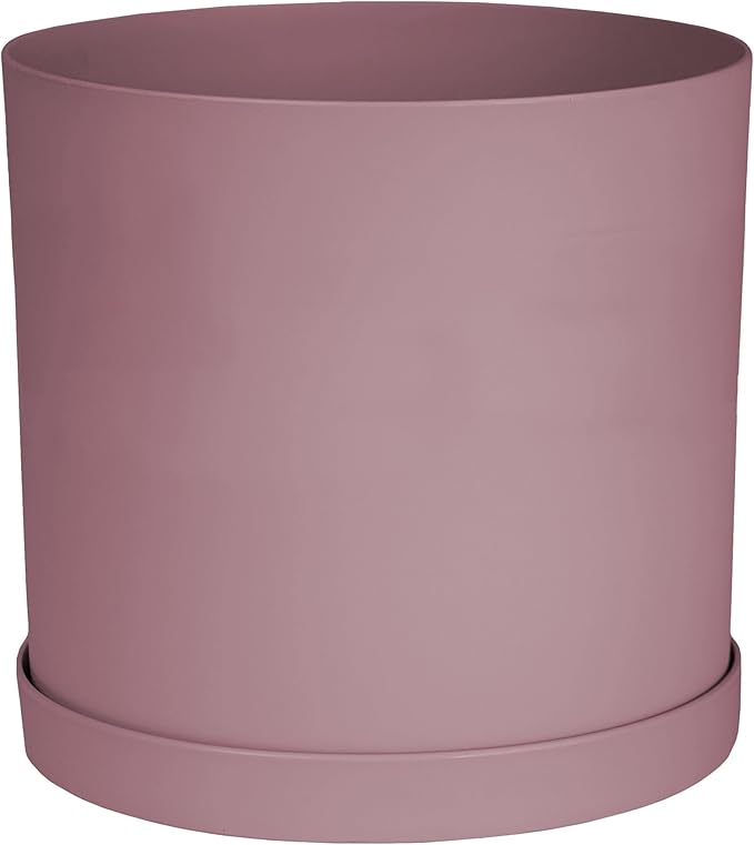 Bloem Mathers 12" Dusty Rose Round Modern Resin Garden Planter Pot with Drainage Holes and Removable Saucer Tray Included