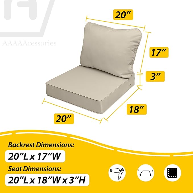 AAAAAcessories Outdoor Seat Cushions for Chairs, Fade-Resistant, Waterproof Patio Furniture Replacement Cushions, 20" x 18" x 3" + 20" x 17", Set of 4, Beige