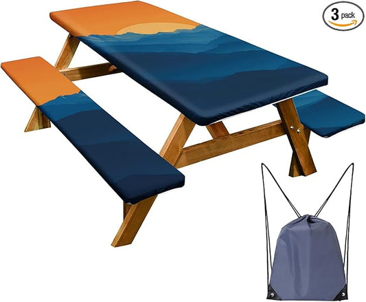 Picnic Table Cover with Bench Covers Set of 3 - Scenic Landscape Mountain Sunset Tablecloth, Elastic Fitted for 6 Ft Tables, Washable Polyester Cover for Camping, Indoor & Outdoor